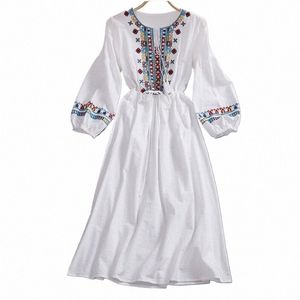 2024 Spring Women's Linen Dr Embroidery Lg Sleeve Dr Elegant Ethnic Boho White Clothes Autumn Dres For Women Party 952l#
