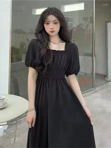 Party Dresses 2024 Black Vintage Midi Dress Elegant Women Square Collar Puff Sleeve Oversized Loose Casual Sundress Female Robe ZY7679