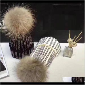 Fashion Designer Diamond Rhinestone Knitted Casual Fur Winter Spring Warm Hats For Women Students Girls 0Xalf Caps Ae5Gp238q