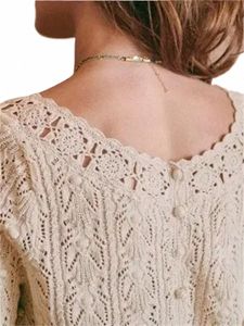 2024 Spring Women's Crocheted Knit Sweater Lady Lg Sleeve Hollow Out Cardigan Knitwear Outwear Double Wear Tops for Holiday b7bS#