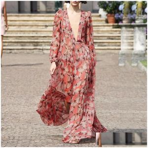 Basic & Casual Dresses Y Deep V-Neck Long Sleeve Chiffon For Women 2021 Spring Autumn Vintage Pink Floral Printed Maxi Dress Female D Dhqx0