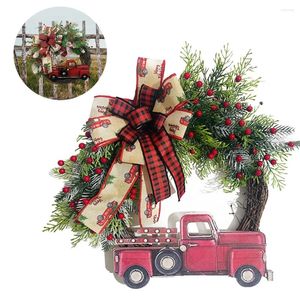 Decorative Flowers Christmas Round Wreath Realistic Red Truck Garland Decoration With Bow Berry Pine Branches 40CM Artificial Plastic Party
