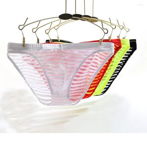 Underpants Men's Underwear Striped Briefs Soft Breathable Silk Sexy Hips Up Transparent Jockstrap Colorful Undies Cueca