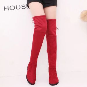 Stövlar Autumn Nyest Red Suede Round Toe Over The Knee Boots 2019 Thick Heels Woman Fashion Boots Winter Long Boots Riding Boots