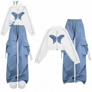 Kvinnor Spring Autumn Cool Butterfly Short Jacket Wide Leg Pants 1 eller 2 Piece Set 2023 Nya koreanska Hip Hop Coats Byxor Outfits K0wk#