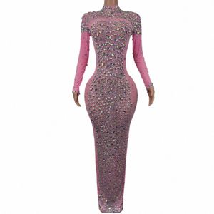 multicolored Sparkly Rhinestes Crystal Sexy Lg Dr Pink Women Evening Ballroom Clothing Stage Singer Party Costume Cuixing L5tO#