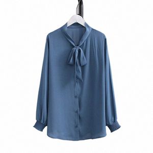 Plus Size Women's Spring Summer Solid Chiff Shirt Bust 138cm 5xl 6xl 7xl 8xl LG Sleeve Bow Shirt White Black Blue 34FF#