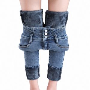 Kvinnliga termiska höga midja jeans vinter snö varm plysch jeans lady mager förtjockar studenter denim byxor fleece päls byxor e63c#