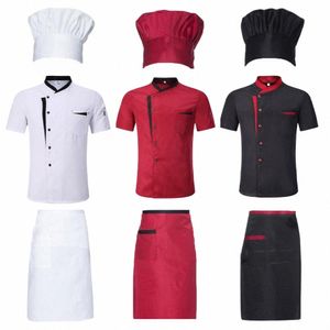 3pcs/set Unisex Hotel Kitchen Chef Uniform Jacket Hat Apr Set Stand Collar Short Sleeve Restaurant Cooking Shirt Works Clothes W22D#