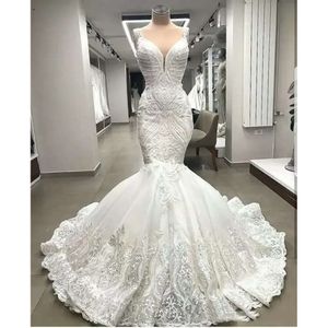 One Pcs NEW High End Unique Lace Mermaid Wedding Dresses Appliques Dubai Beaded Bridal Gowns Custom Made Robe De Mariee