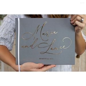 Articoli per feste Libro degli ospiti di matrimonio grigio Lamina d'oro reale orizzontale con nomi calligrafici Cabina istantanea con copertina rigida