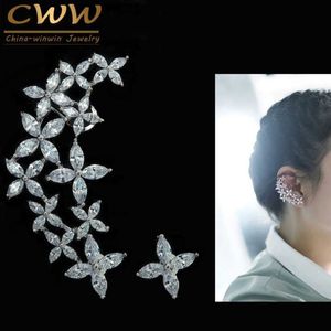 Design Höger och vänster asymmetriska modemärke Big Cubic Zirconia Ear Cuff Blommaörhängen för kvinnor CZ294 210714236E
