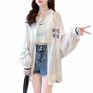 2023 New Summer fi Sun Protecti 의류 여성 한국 인쇄 편지 얇은 코트 느슨한 캐주얼 여성 선 스크린 셔츠 탑 F7LG#