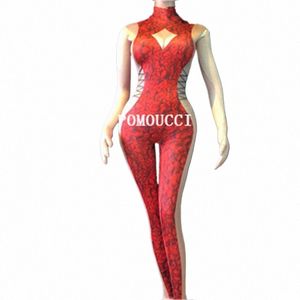 2020 Kadınlar Yeni Kırmızı 3D Baskılı LG Kollu Seksi Tulum Kadın Şarkıcı Dans Kostüm Sahne Gece Kulübü Doğum Günü Göster Bodysuit X7ZC#