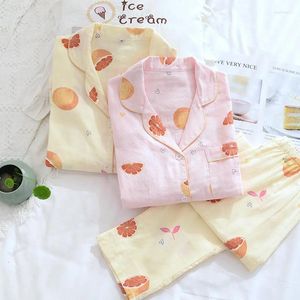 Casa roupas frutas impressão algodão 2pcs pijamas terno feminino bonito turn down colarinho conjunto de sono manga completa cardiganpant homewear solto pijamas