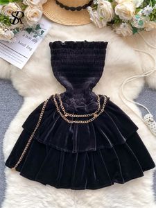 Singreiny Ruffles Senior Slim Party Dress Axless Off Axel Sleeveless Golden Chain Women Vintage Velvet Short Sexy Dress 240311