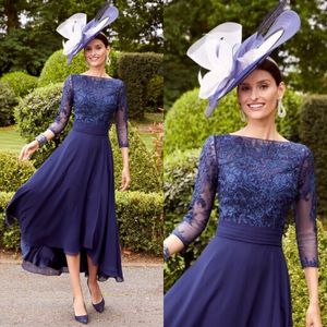 Navy blue Mother Of The Bride Dresses bateau neck sheer sleeves Wedding Guest Dress lace tea Length chiffon Plus Size Formal mother Outfit