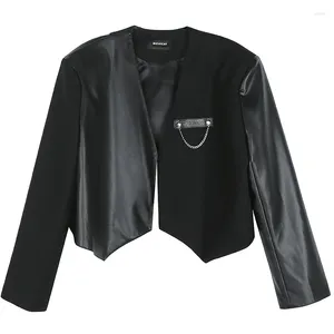 Women's Suits Women Blazer Patchwork Short Ladies Black Coat PU Leather Spliced Suit Jacket Loose Casual