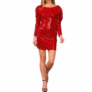 Kadınlar için Parti Dresleri 2024 LG Kollu Yuvarlak Boyun Glitter Parlak Sequin Dr Kadınlar İçin Mini Kırmızı Dresler Vestidos I43A#