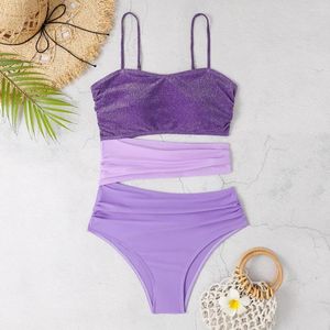 Kadın Mayo Seksi Glitter Mor Gradyan Mayo Tek Parça Bikini Bodysuit Thong Biquini Conjunto de Tankini Beach Giyim