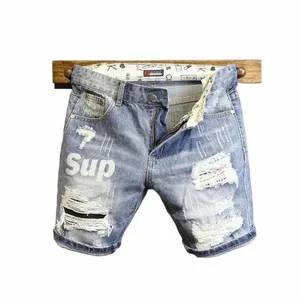 summer Light Blue Hole Cat Nose Patching Letter Printed Slim Fit Jeans Men Teenager Versatile Five-point Pants h9gU#