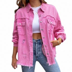 Novo em 2023 primavera outono fi solto lg denim jaqueta com buracos rasgados mulheres streetwear borla rosa casual jean casacos y7nb #