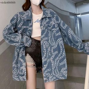 Frauen Jacken 2024 Frühling Herbst Koreanische Beiläufige Lose Druck Denim Jacke für Top Langarm Streetwear Vitage Mode Mantel