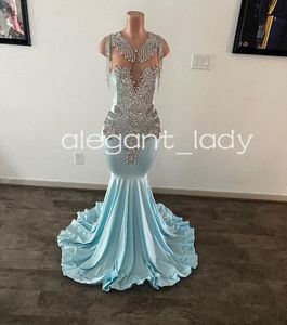 Ice Blue Sparkly Long Trumpet Prom Ceremony Party Dresses for Black Girl 2024 Luxury Diamond Tassel Evening Gala Gown