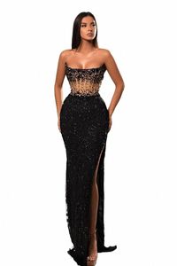 black Evening Dres Beaded Illusi Strapl Mermaid Sequined Sparkly High Slit Sexy Formal Party Wedding Prom Gowns Custom D3qH#