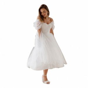 Princ Abito da sposa corto Dr A Line a metà polpaccio con spalle scoperte Corsetto con lacci sul retro Tulle Abito da sposa Customisze Civil Robe De Mariee T4ib #