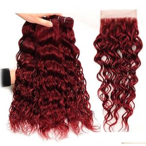 Echthaar-Schussfäden mit Verschluss 99J Bury Malaysian Water Wave 3 Bundles 4X4 Lace 4Pcs Wine Red Mink Wet And Wavy Virgin Weave8226779 Dro Dhhp5