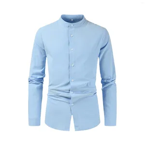 Camisas casuais masculinas moda manga longa camisa cor sólida algodão linho gola topos primavera verão botão