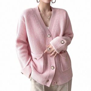 2023 New Autumn and Winter Minimalist Lazy V-neck Loose Casual Oversized Solid Color Versatile Women's Knitted Sweater Cardigan K67E#