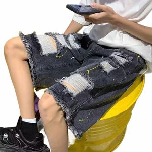 men Ripped Denim Shorts Men's Summer Denim Shorts with Elastic Drawstring Waistband Pockets Casual Solid Color Wide Leg for A d76f#