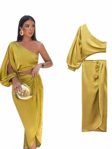 trafza Dr Für Frauen Gelb Asymmetrische Satin Cut Out Lg Dr Frauen Rüschen Off Schulter Elegante Dres Abend Party Dre