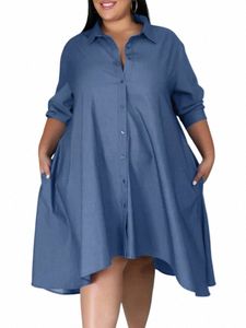 Plus size Vonda Women Denim Dr 2023 Autumn Shirt Dr Sexy LG Rękaw Asymetryczne midi vestidos Eleganckie SUNDR G7FG#