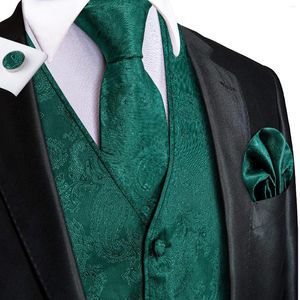 Mäns västar Hi-Tie 4pc Paisley Dark Green Silk Mens Suit Vest Woven Woven Mäster Tie Pocket fockna fyrkantig manschettkropp Business Dress Midjajacka