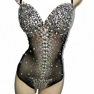 nightclub Female Costume Black Sparkly Rhinestes Bodysuit See-through Sexy Jumpsuit Bar DJ Singer Teams Jazz Dance Stage Wear p16b#