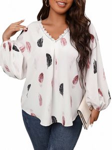 finjani Plus Size Casual Feather Print T-Shirts V-neck Lace-trimmed Blouses Top Lantern Sleeve Women's Tee r2lq#