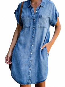 Verão novo único breasted denim camisa dr feminino casual solto bolso simples retro commuter feminino escritório denim saia curta g2aY #