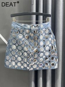 Skirts 2024 Summer Fashion Women's Denim Skirt High Waist Circular Sequin Patchwork Wrap Hip Blue Short Mini 29L4143