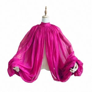 mantello da sposa in chiffon di seta rosa caldo giacca con maniche gonfi accessori da sposa corto bolero scialle formato libero collo alto con estremità C6uP #