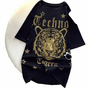 xl-4xl Rhineste Tiger Luxury T-shirts Plus Size 150KG for Women Short Sleeve V-neck Loose Cott Oversized Tunic Ladies 57gO#