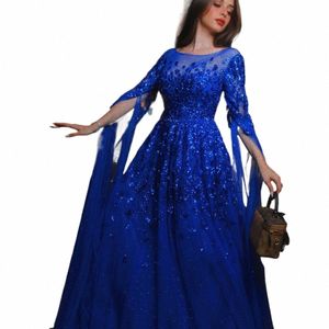Serene Hill Blue Arap Cape Sleeves Boncuklu Dubai Akşam Dres Elbiseleri Formal Elbise 2024 Kadınlar İçin Düğün Partisi LA70454 G62Y#