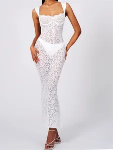 Sukienki imprezowe Summer Kobiety długa sukienka BodyCon Koronka prześwita bez rękawów Cami Backless Seksowna elegancka odzież klubowa