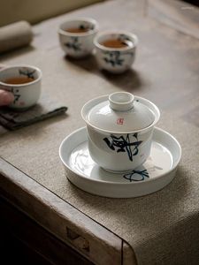 Teaware sätter retro Green Sancai Cover Bowl Set Handmålad kalligrafi poesi Brewing Te Ceramic Zen