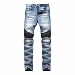 McIKKNY Men High Street Ripped Biker Jeans Byxor Multi Zipper Patchwork Motorcykel Denim Pants Streetwear T4BE#