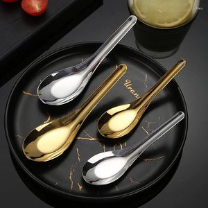 Spoons 304 Stainless Steel Flat Bottom Rice Soup Spoon Silver Golden Mirror Polished Tableware Household