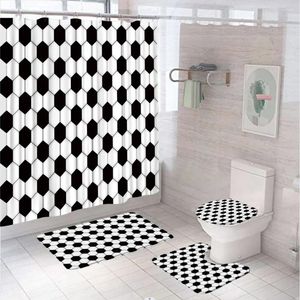 Shower Curtains Sports Football Black White Geometric Modern Waterproof Bathroom Curtain Set Anti-Slip Soft Rug Toilet Lid Cover Bath Mat