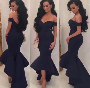 Dark Navy Mermaid Backless Evening Dresses High Low Prom Gowns Front Short Long Back Party Dresses robe de soiree abendkleider7623915